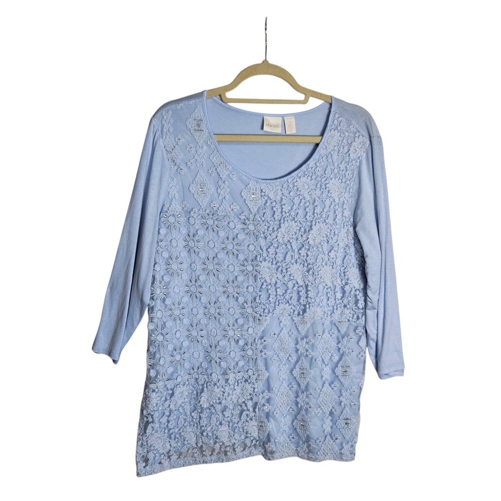 Chicos Blue Floral Lace Front Top 3/4 Sleeve Scoop Neck Size 2 Large